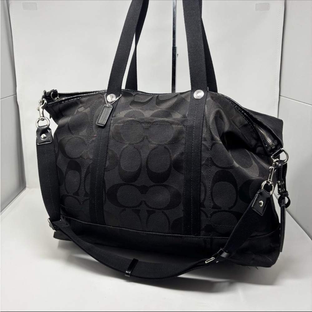 Coach Kyra XL Duffel Bag In Signature Canvas & Leather Black Pink Satin Interior